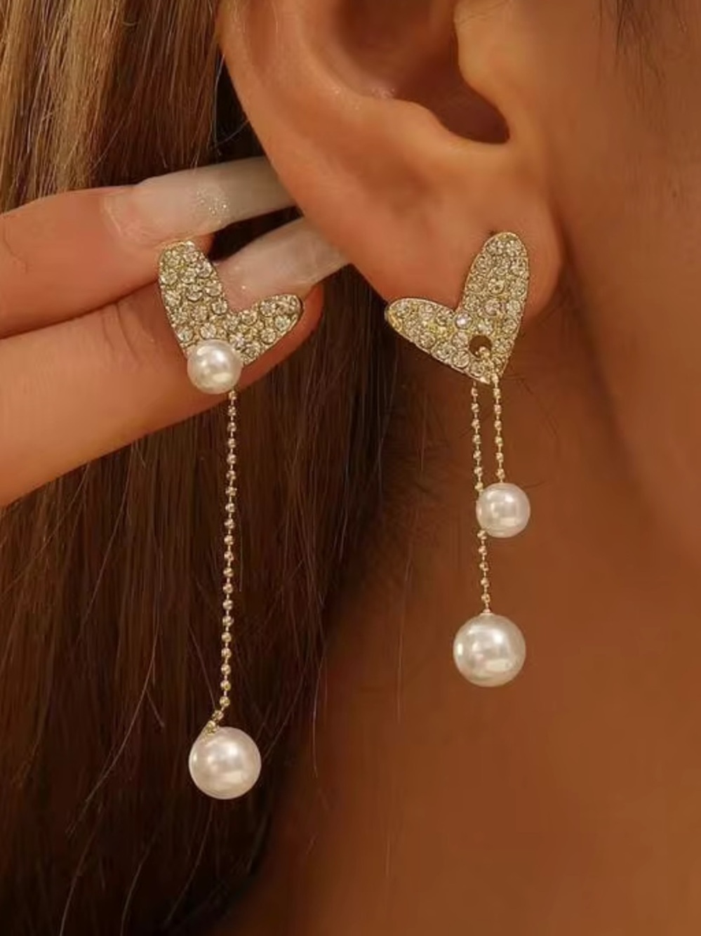 Gold Crystal Heart Drop Earrings with Pearl Accents New/ box
